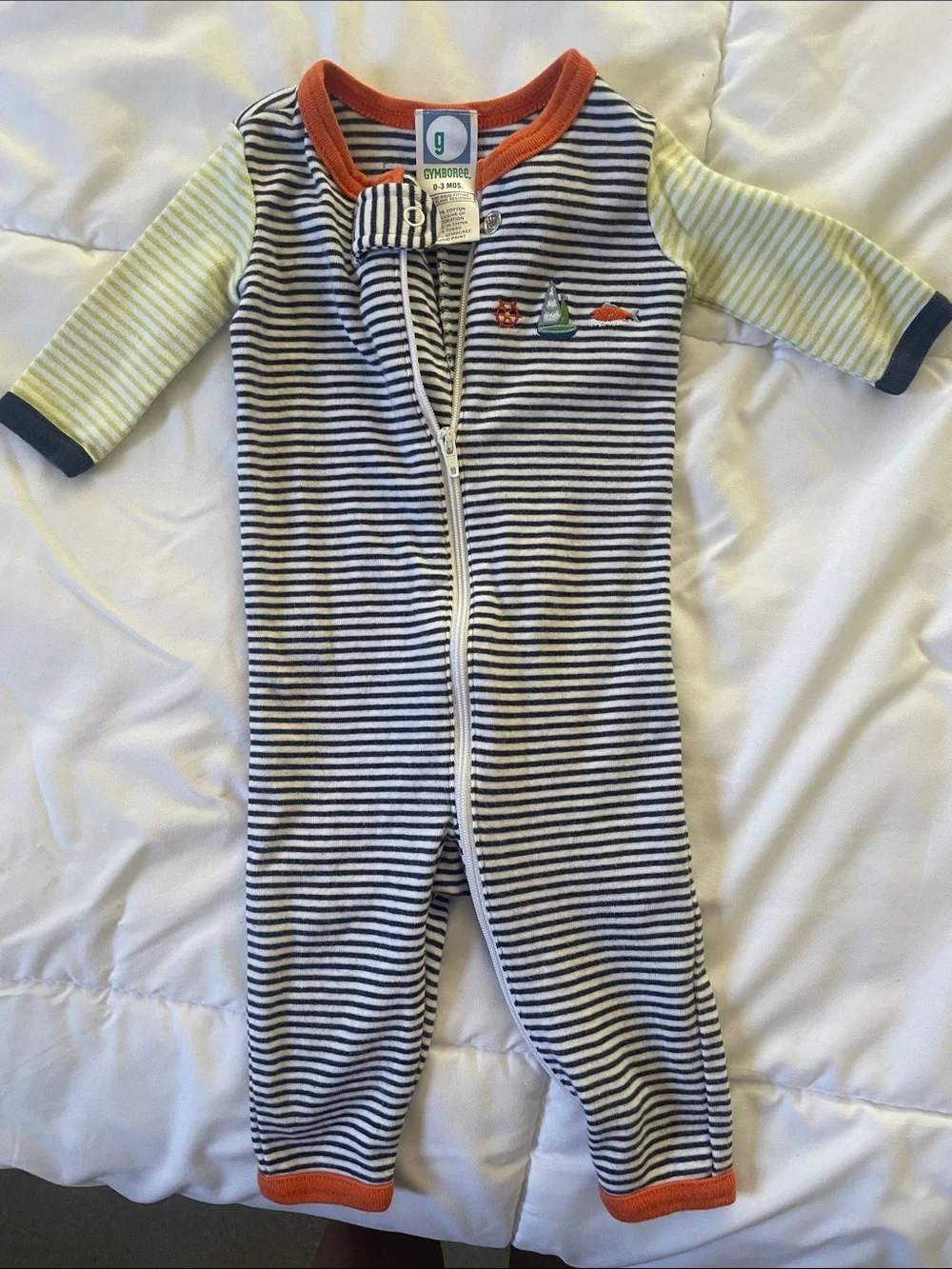 Gymboree Navy & White Striped One-Piece with Yellow Sleeves and Orange Trim